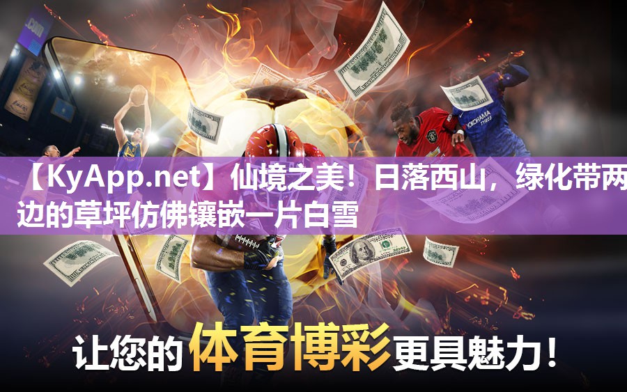 仙境之美！日落西山，绿化带两边的草坪仿佛镶嵌一片白雪